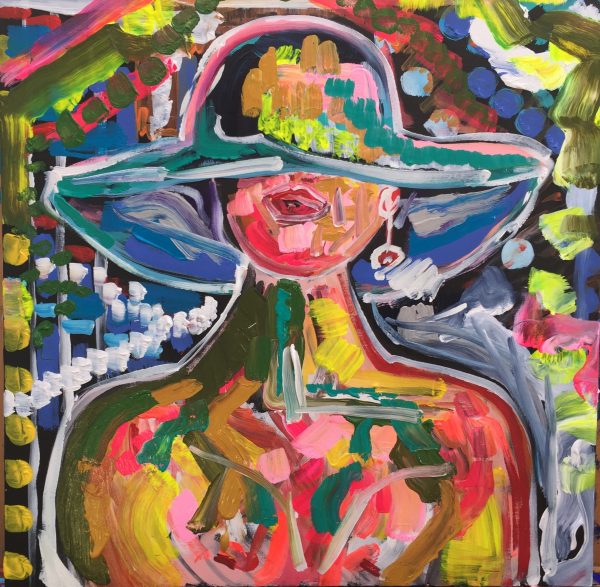 hat and earring, acrylic on canvas, cm 50 x cm 60, Occhiobello, 2019