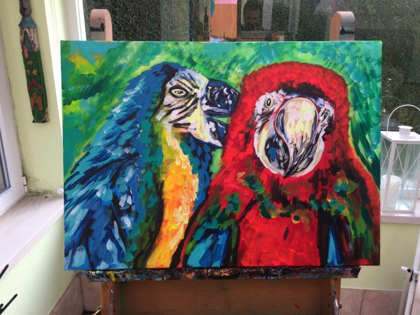 two parrots talk to each other, acrylic on canvas, cm 50 x cm 70, Occhiobello , 2020