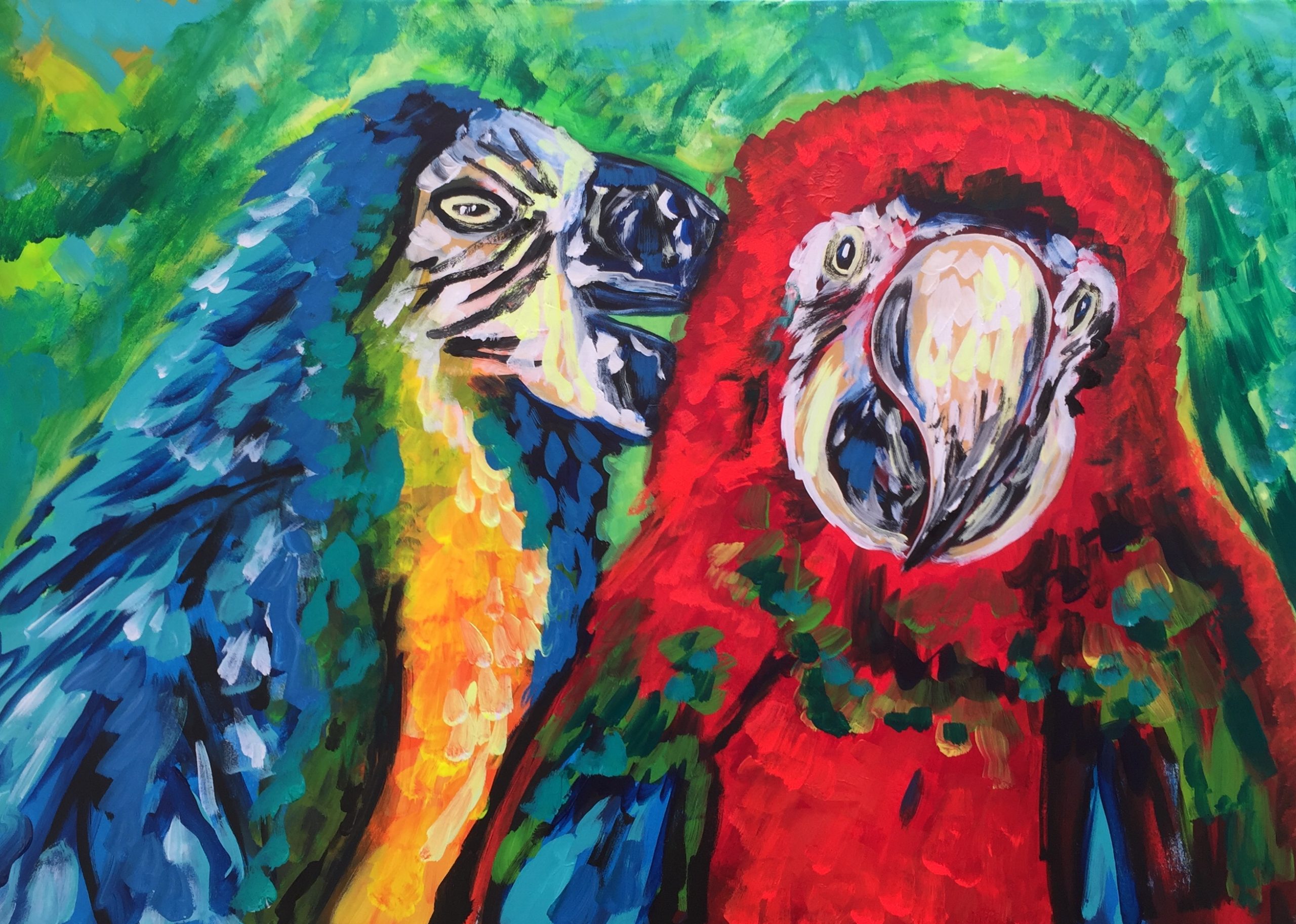 two parrots talk to each other, acrylic on canvas, cm 50 x cm 70, Occhiobello , 2020