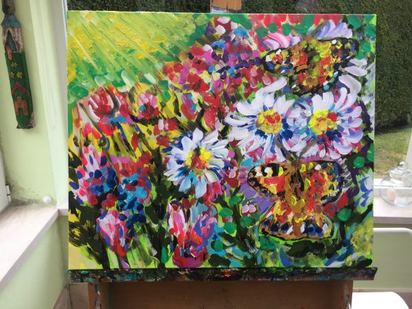butterflies on the flowers, acrylic on canvas, cm 50 x cm 60, Occhiobello, 2020