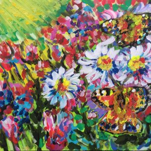 butterflies on the flowers, acrylic on canvas, cm 50 x cm 60, Occhiobello, 2020