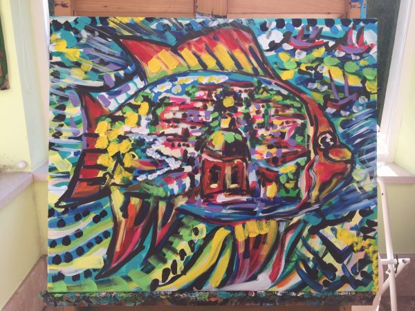 puffer fish swimming, acrylic on canvas, cm 50 x cm 60, Occhiobello, 2020.