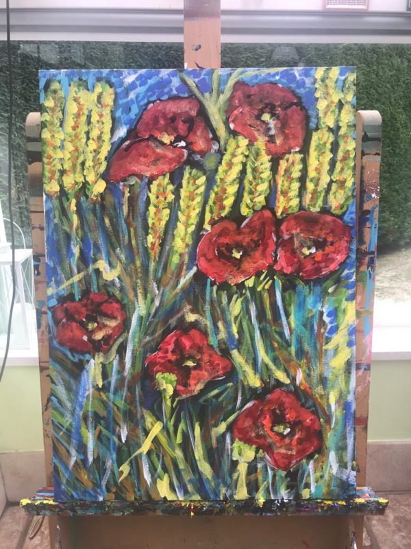 poppies and ears of wheat, acrylic on canvas, cm 50 x cm 70, Occhiobello, 2020