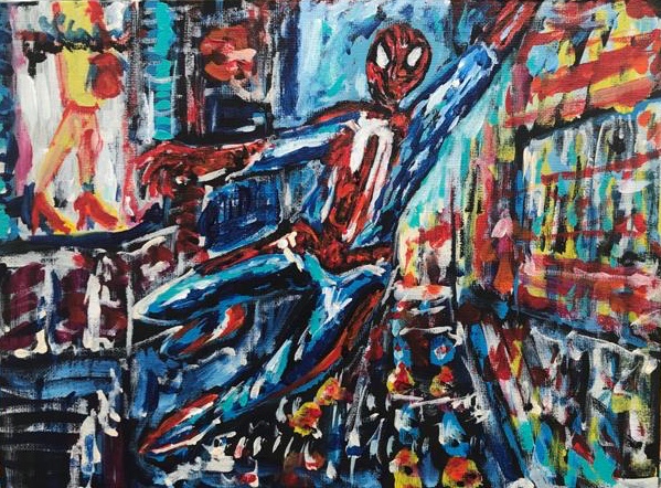 the amazing spiderman, acrylic on panels canvas, cm 23 x 31 cm, Occhiobello, 2020
