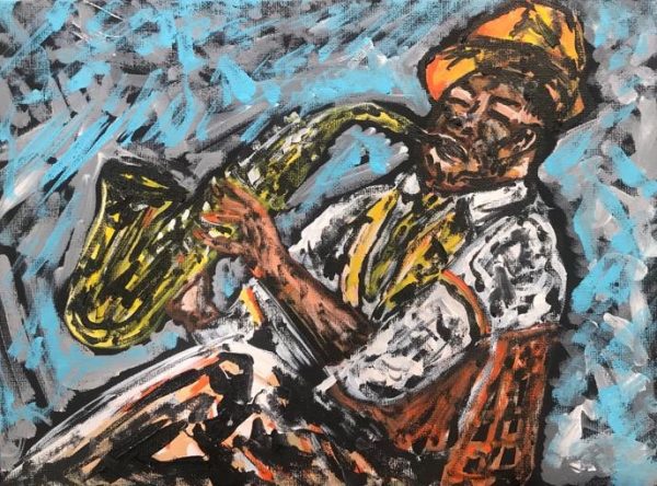 the saxophonist music, acrylic on panels canvas, cm 23 x cm 31, Occhiobello, 2020