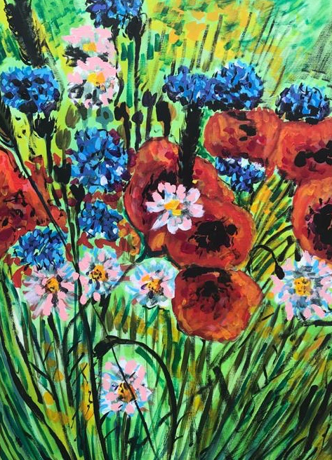 poppies and cornflowers, acrylic on canvas, cm 50 x cm 70, Occhiobello, 2020