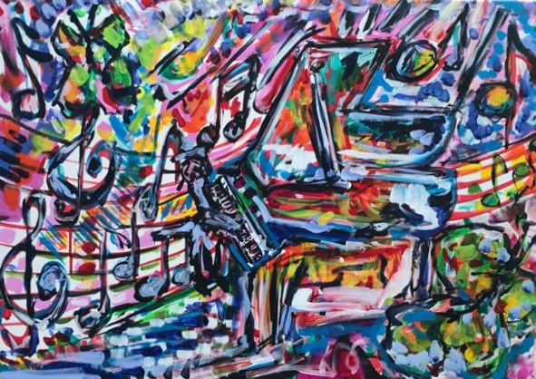 the piano player, acrylic on canvas, cm 50 x cm 70, Occhiobello, 2020