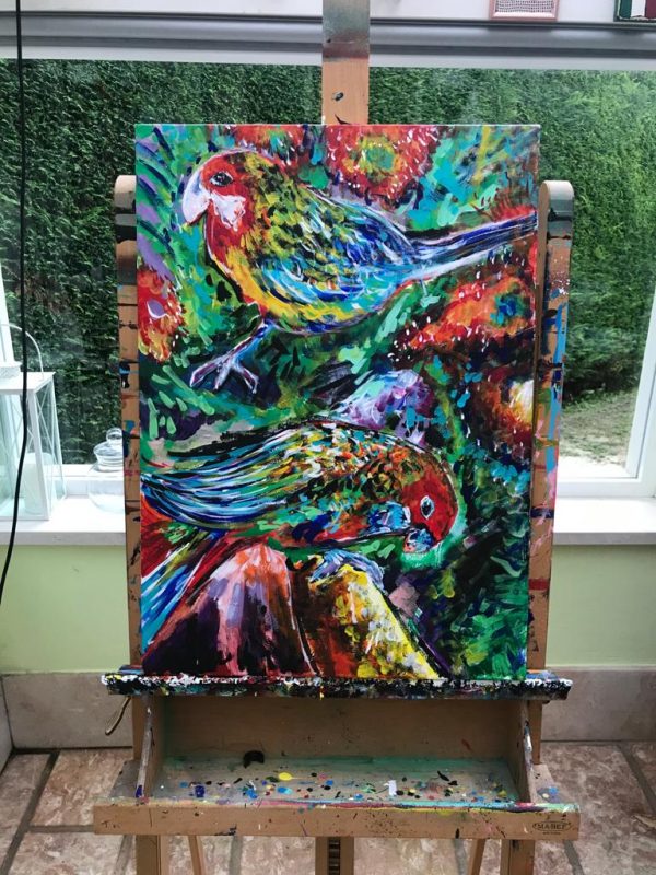 parrots in the jungle, acrylic on canvas, cm 50 x cm 70, Occhiobello, 2020