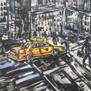 in the city a taxi, acrylic on canvas, cm 50 x cm 70, Occhiobello, 2020