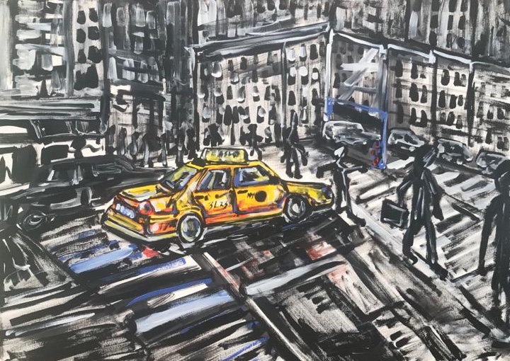 in the city a taxi, acrylic on canvas, cm 50 x cm 70, Occhiobello, 2020