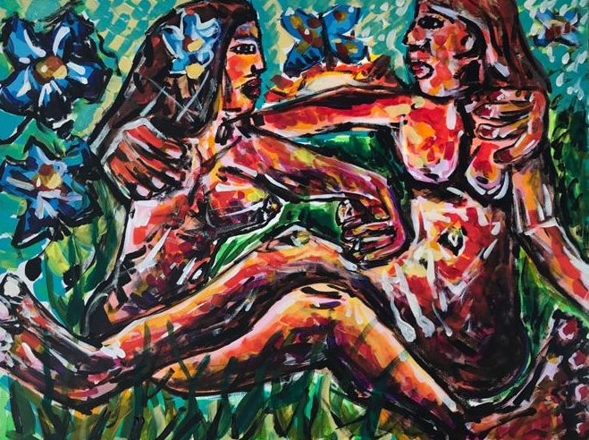 savage couple on air, acrylic on canvas, cm 60 cm x cm 80, Occhiobello, 2020