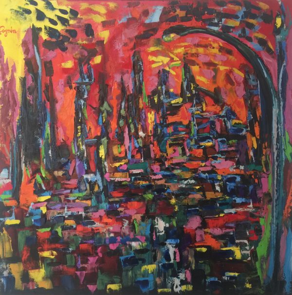 sunset in the city, oil on canvas , cm 80 x cm 80 , Occhiobello , 2014
