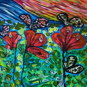 Butterflies and poppies , acrylic on canvas , cm 60 x cm 70 , Occhiobello , 2022