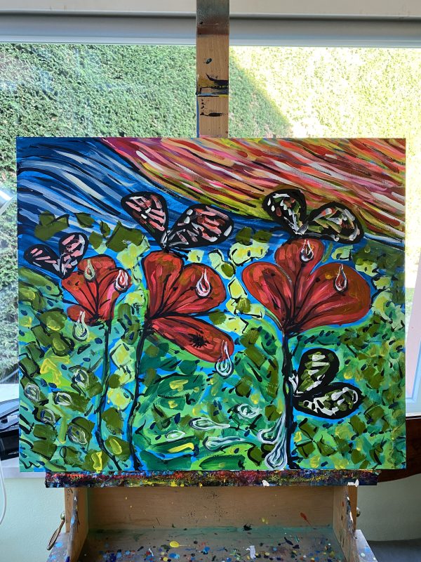 Butterflies and poppies , acrylic on canvas , cm 60 x cm 70 , Occhiobello , 2022